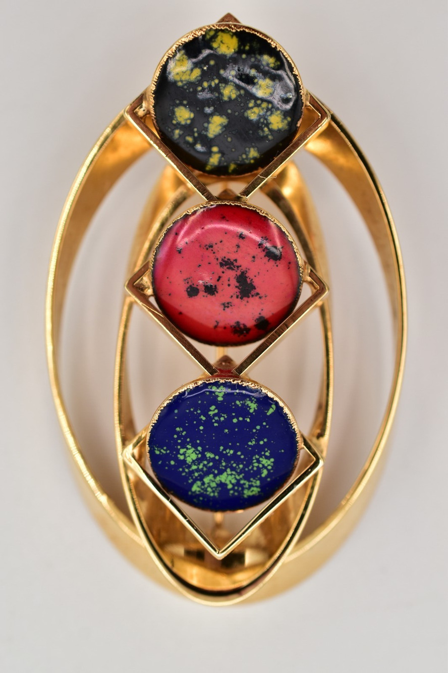 Vintage Abstract Brooch Ceramic Multi-Color Inlay Gold Tone Oval 1970s BinAP